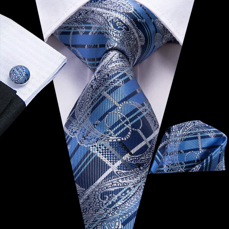 Dubulle Mens Paisley Floral Silk Tie for Men Blue Striped Necktie and Pocket Square Cufflinks Set Wedding Business - Image 5